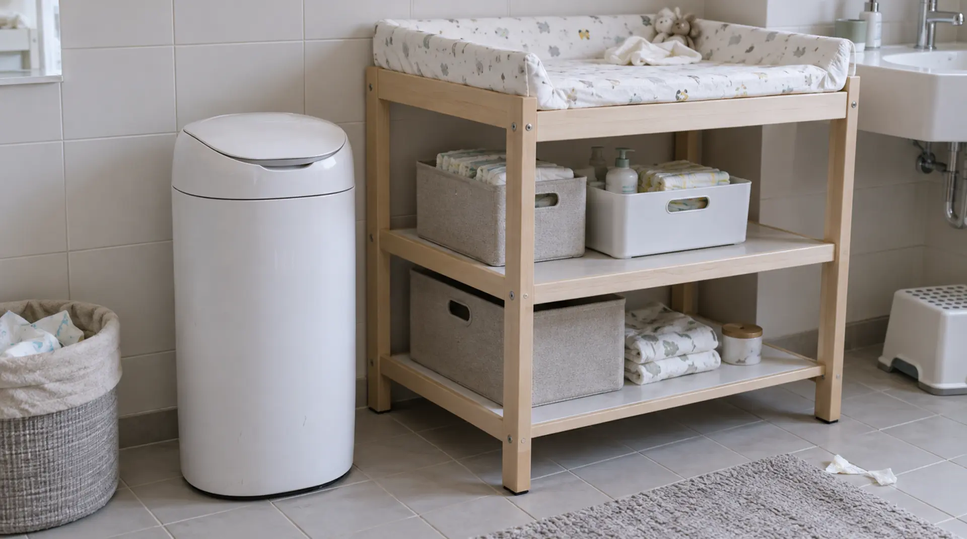 Illustration of a white nappy disposal unit beside a change table in a childcare washroom