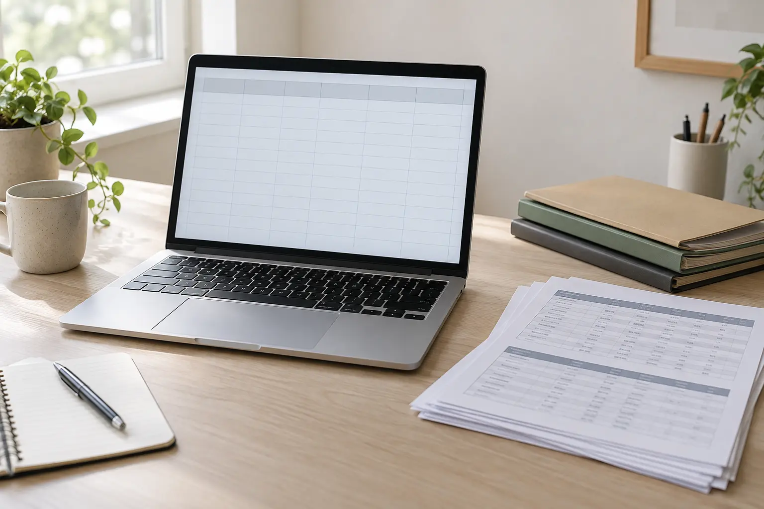 Illustrative office desk with laptop and cost tables