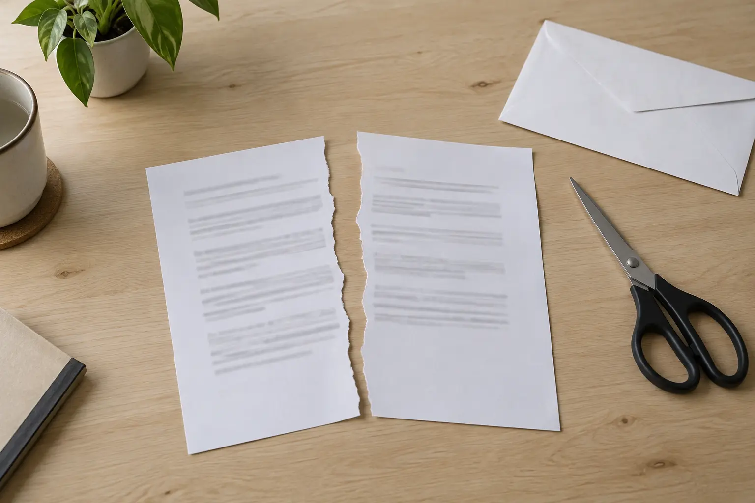 Illustrative torn contract page beside scissors and an envelope