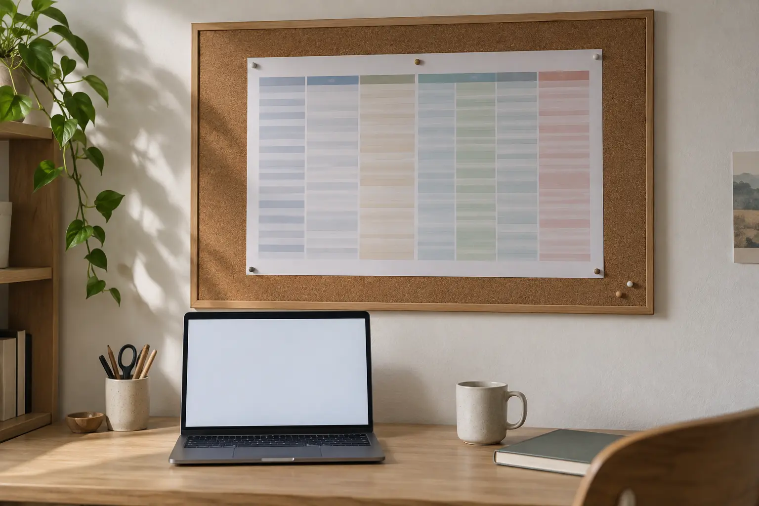 Illustrative corkboard table pinned above a desk