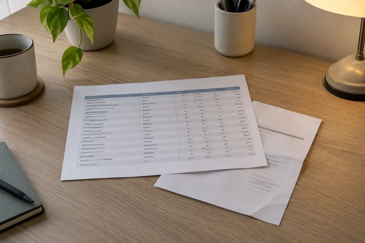 Illustrative desk with a cost table and calculator
