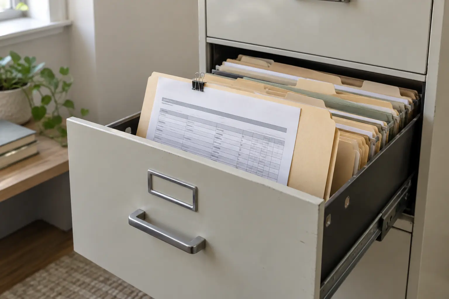 Illustrative filing drawer with a folder and cost sheet
