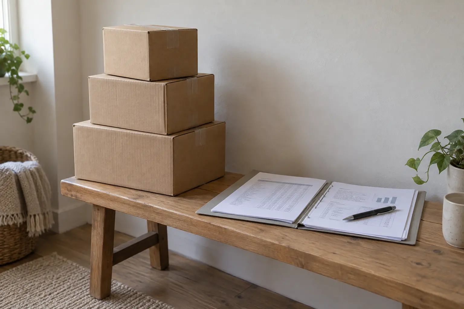 Illustrative bench with moving boxes and a cost folder