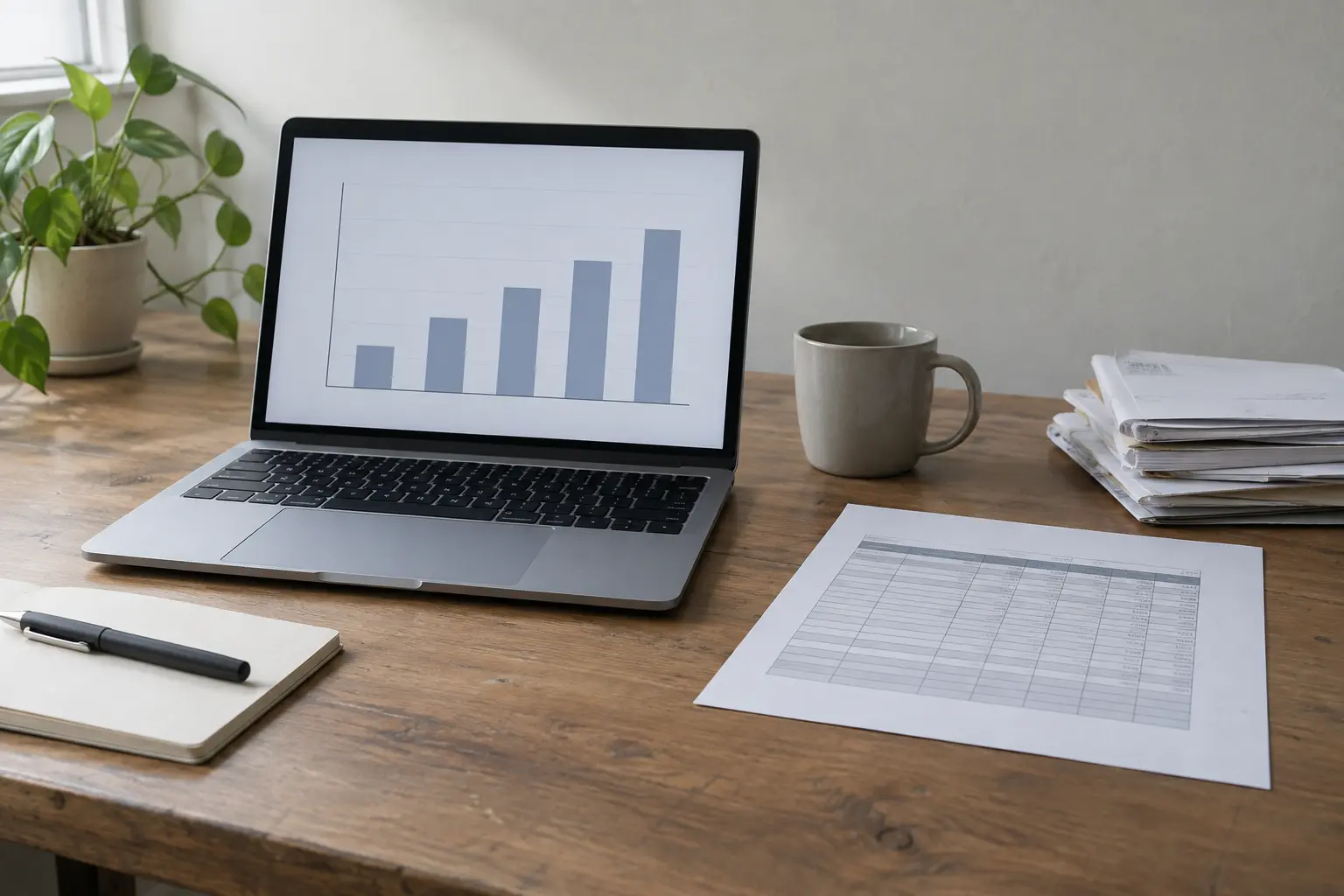 Illustrative laptop showing a bar chart beside a cost sheet