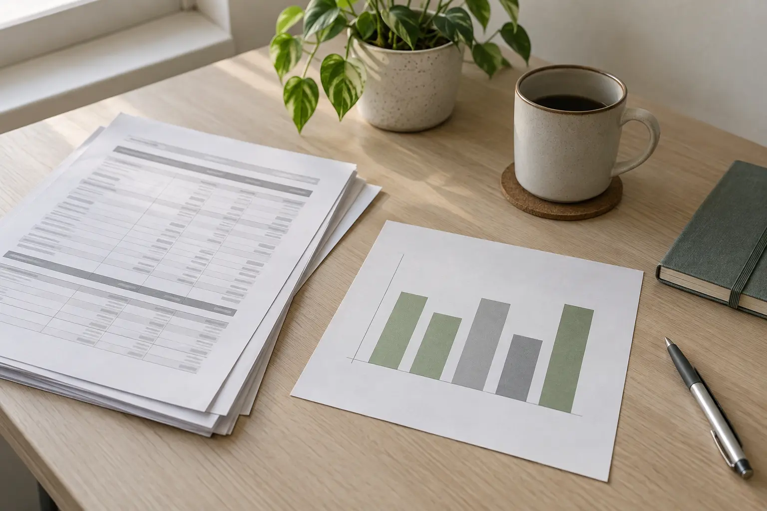 Illustrative desk with cost tables and a bar chart