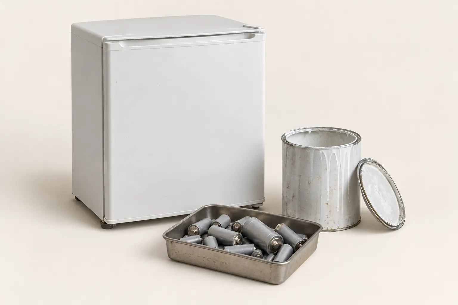 Illustrative fridge, paint tin and batteries still life