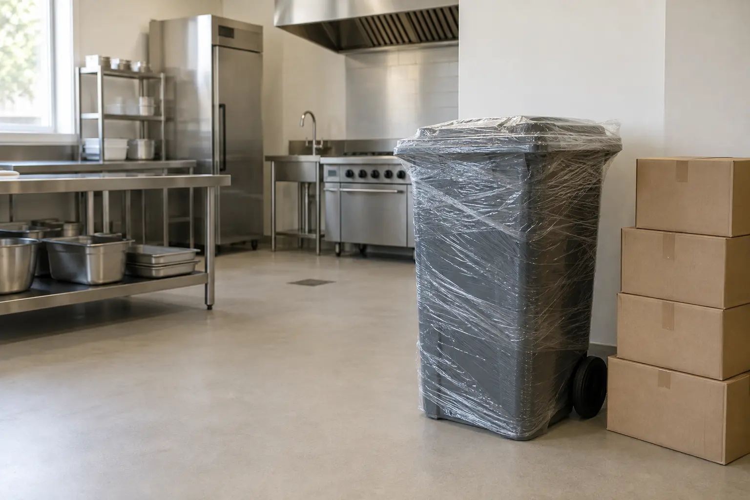 Illustrative new kitchen with a freshly wrapped bin