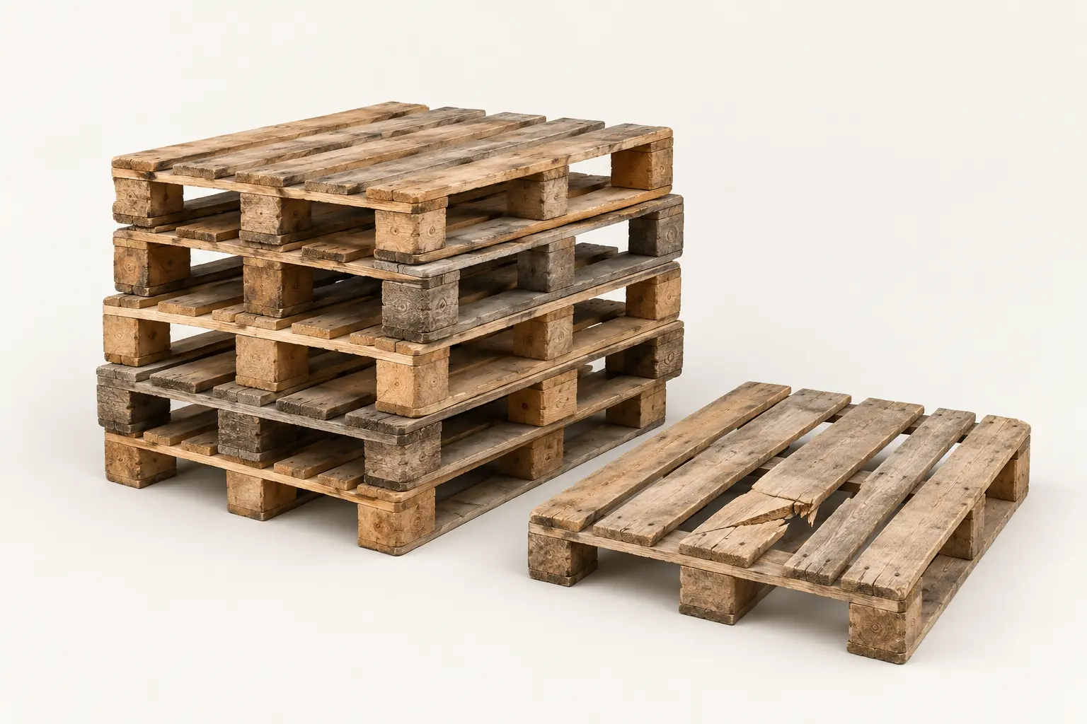 Illustrative stacked pallets beside a broken pallet