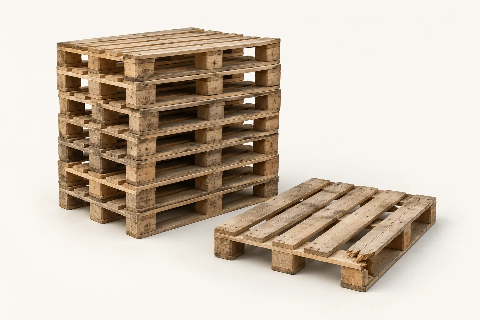 Illustrative pallet stack beside one snapped pallet