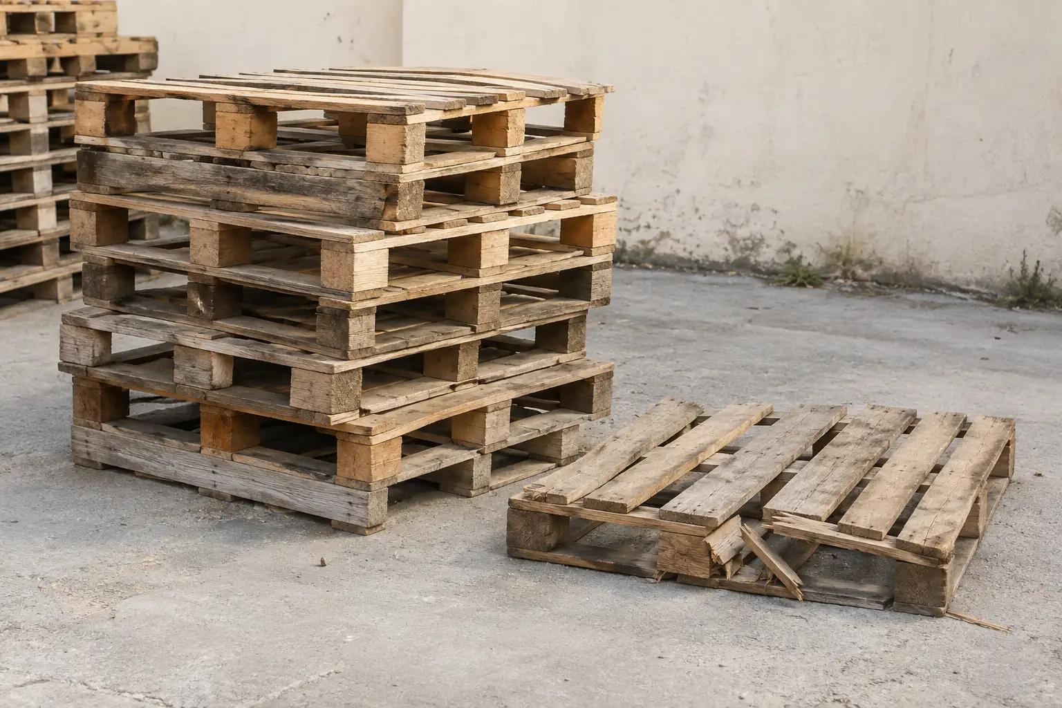 Illustrative yard stack of bare timber pallets