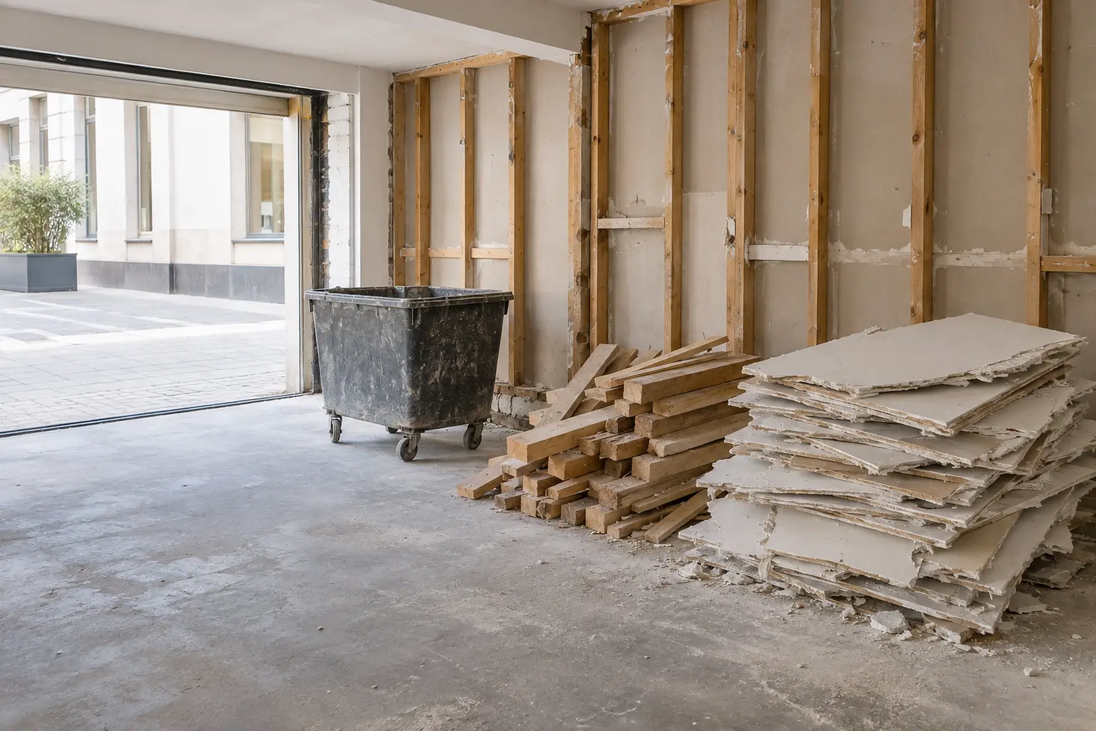 Illustrative renovation site with plasterboard and timber offcuts