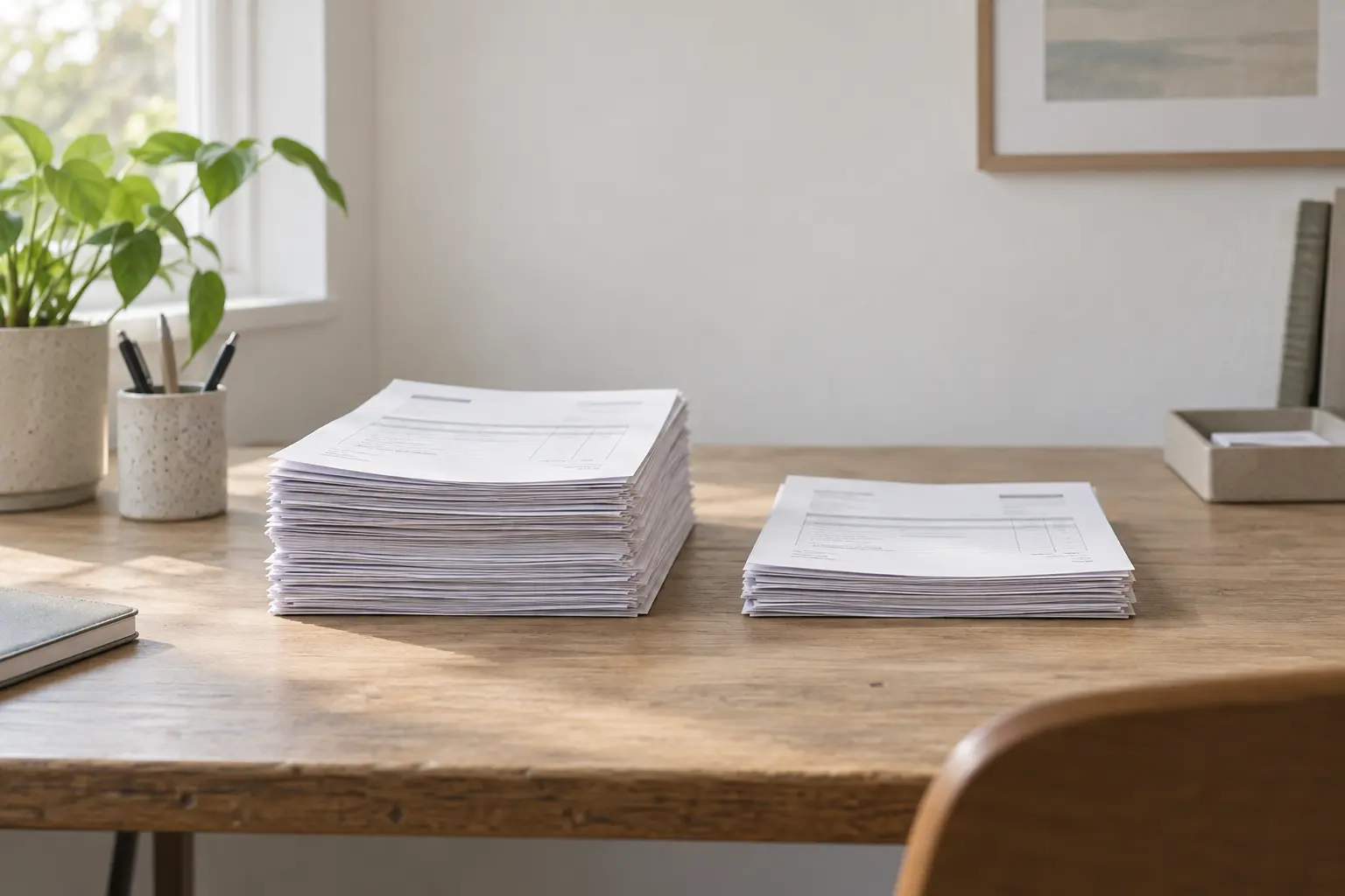 Illustrative desk with two differently sized invoice stacks