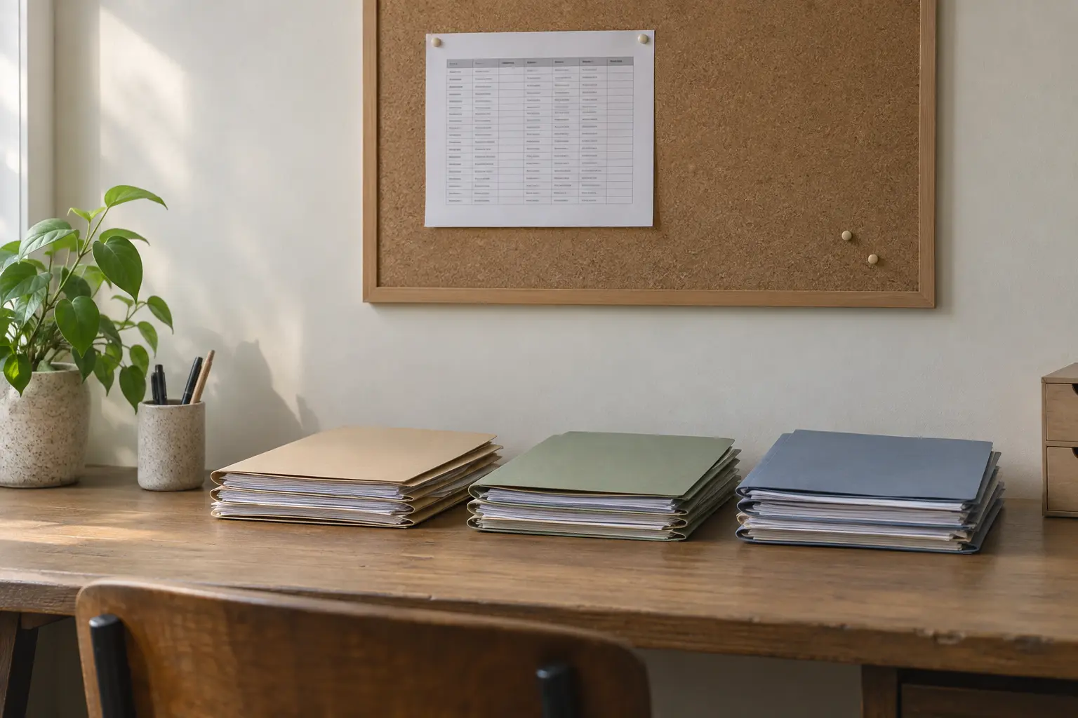 Illustrative corkboard table above three folder piles