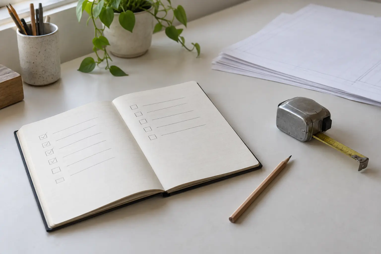 Illustrative desk with notebook, calculator and tape measure