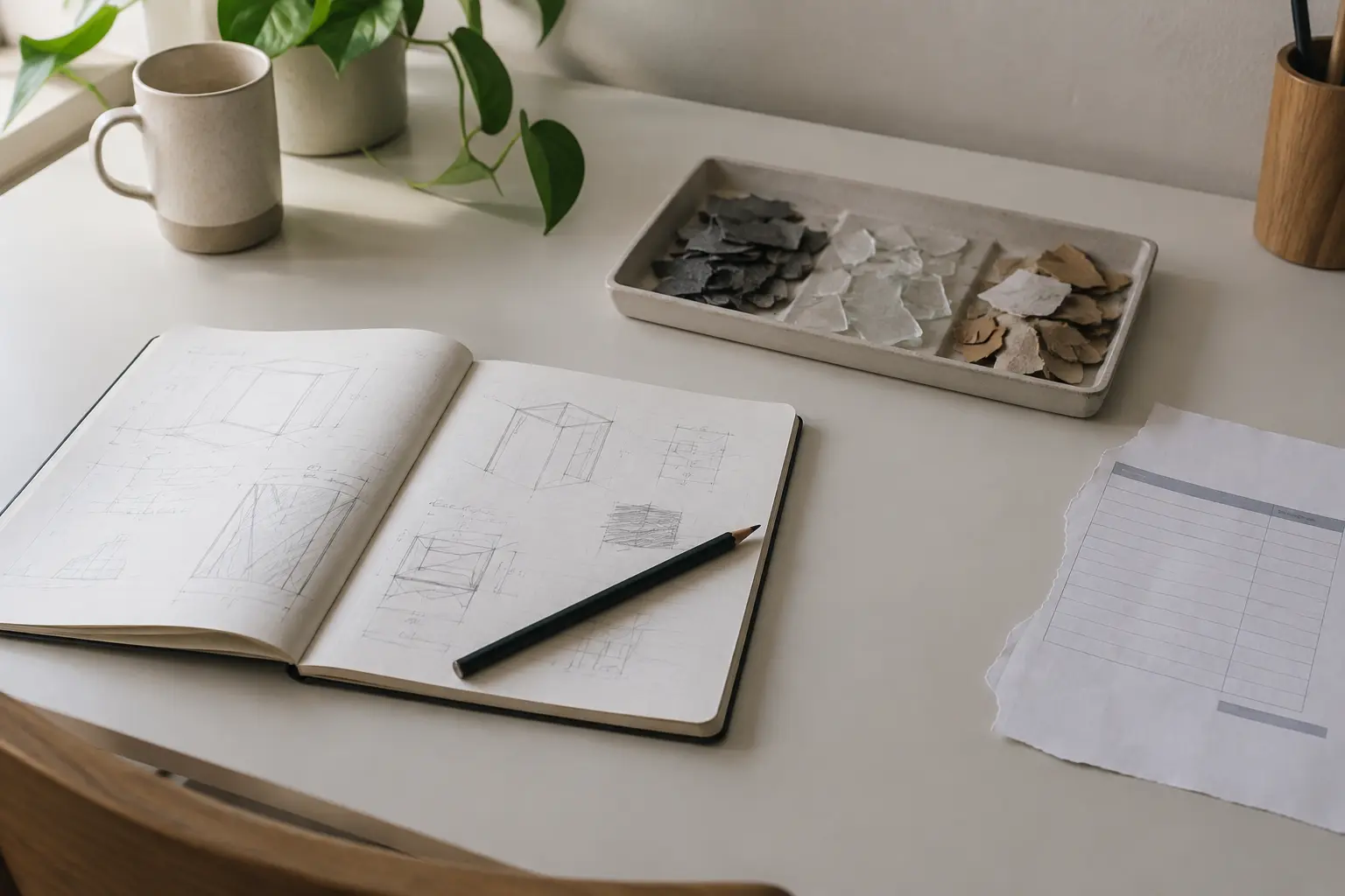 Illustrative desk with notebook, sketches and waste samples