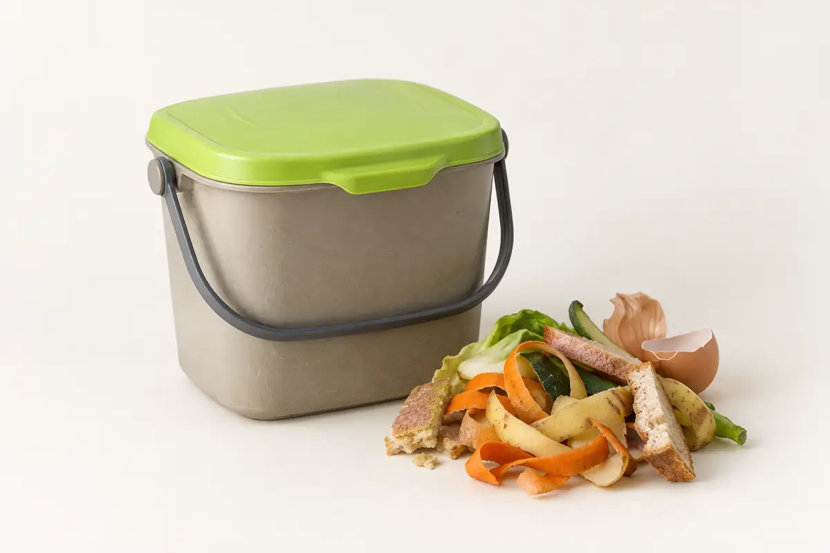 Illustrative food scraps and organics caddy