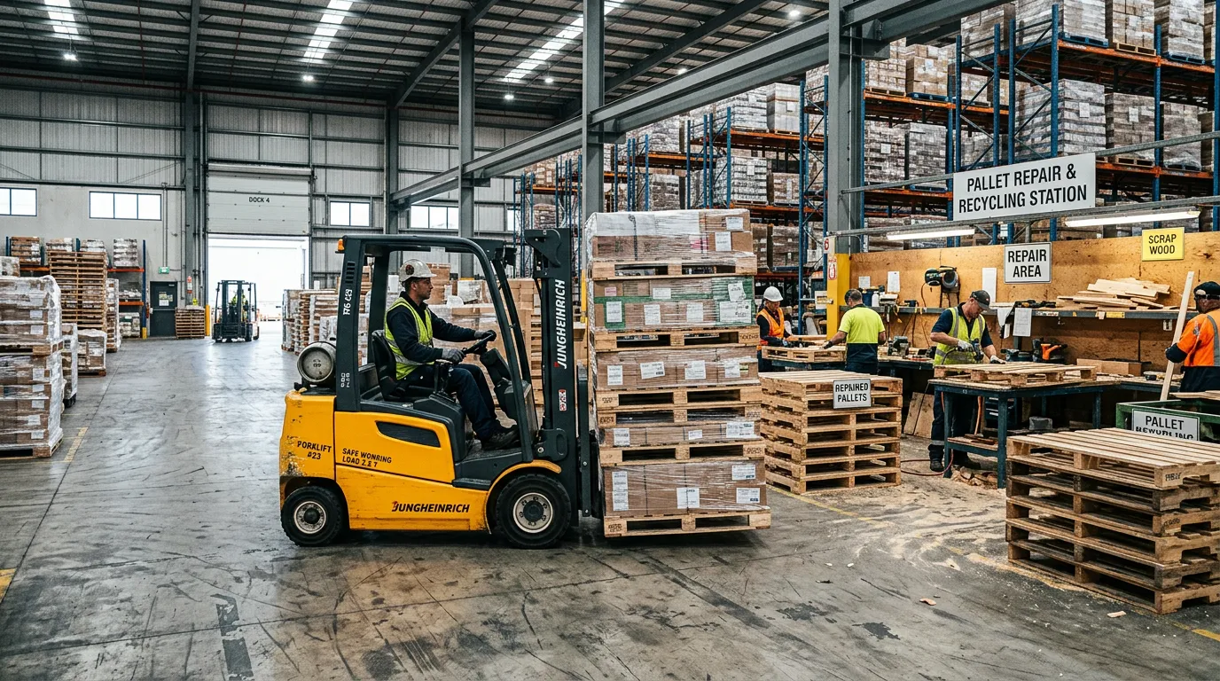 Forklift moving pallets in warehouse